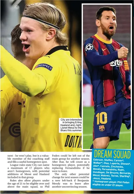  ??  ?? City are interested in bringing Erling Haaland and, right, Lionel Messi to the Blues this summer