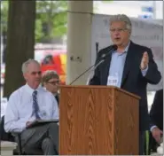  ?? MORNING JOURNAL FILE ?? Lorain County Commission­er Matt Lundy speaks during a public transit rally in support of MOVE Lorain County on Ely Square in Elyria in June 2016.