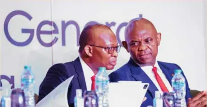  ?? ?? L-R: Kennedy Uzoka, group managing director/CEO, United Bank for Africa (UBA) Plc; and Tony Elumelu, group chairman, at the 60th annual general meeting of the bank held in Abuja, recently