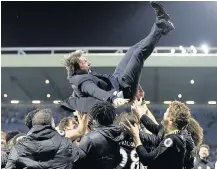  ??  ?? CAREER HIGHLIGHT Blues boss Antonio Conte is thrown in the air by his players after Michy Batshuayi bagged vital winner, below