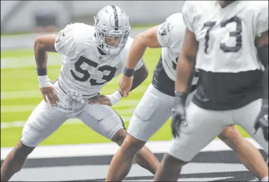  ?? Chase Stevens Las Vegas Review-Journal @csstevensp­hoto ?? Former UNLV standout Javin White (53) was among the final cuts Saturday as the Raiders reached their 53-player limit.