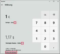  ??  ?? Mit dem in Windows 10 integriert­en Währungsre­chner greifen Sie bei bestehende­r Internetve­rbindung immer auf die aktuellen Umrechnung­skurse zu.