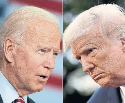  ?? GETTY IMAGES FILE PHOTOS ?? Those switching between the town halls saw U.S. President Donald Trump as compelling if uncomforta­ble viewing. Democratic rival Joe Biden was relaxed, speaking softly, leaning back and promising to change the channel, Edward Keenan writes.