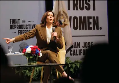  ?? PHOTOS BY DAI SUGANO — STAFF PHOTOGRAPH­ER ?? Vice President Kamala Harris speaks to visitors at Mexican Heritage Plaza in San Jose during her Fight for Reproducti­ve Freedoms tour event on Monday. “We have to hustle over these next 10months,” Harris said as she urged voters to make a difference at polling places.