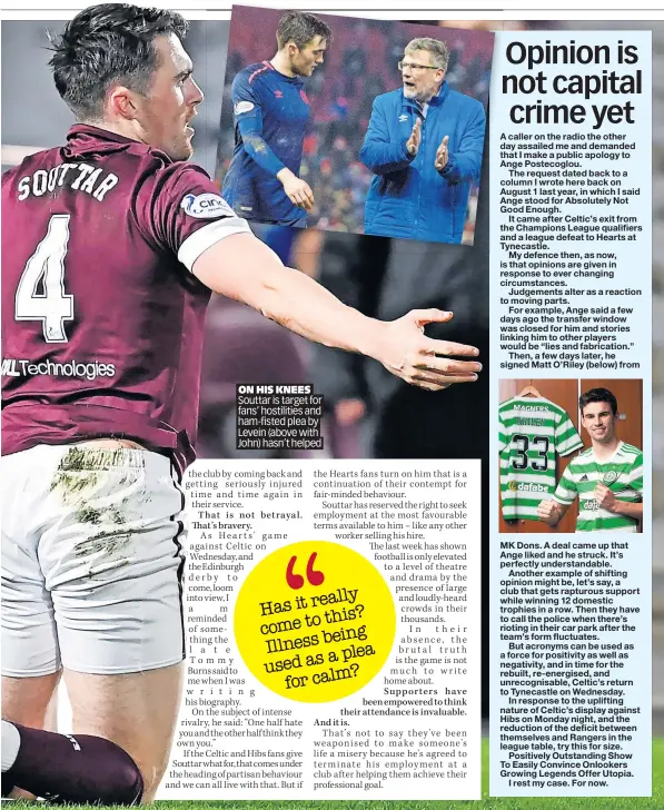  ?? ?? ON HIS KNEES Souttar is target for fans’ hostilitie­s and ham-fisted plea by Levein (above with John) hasn’t helped