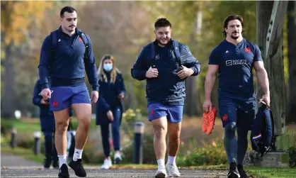  ??  ?? France’s Jean-Baptiste Gros, Cyril Baille and Camille Chat after a training session on Friday in Marcoussis, south of Paris. France’s match against Fiji has been called off. Photograph: Anne-Christine Poujoulat/AFP/Getty Images