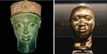  ??  ?? Left, a cast brass head with red pigment, a Ife head of the Yoruba people, Nigeria dating from the 12-15th century. On the right a sculpture by Damien Hirst.
