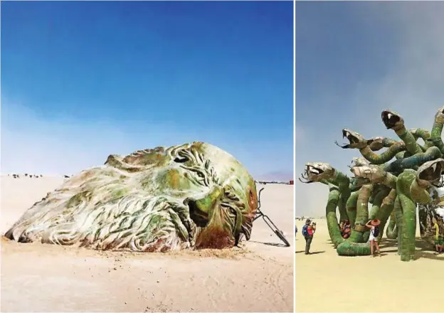  ??  ?? Da sinistra / From left to right, Inside the mind of da Vinci di / by Mischell Riley, 2016; Medusa Madness, di / by Kevin Clark, 2016; Tree of Ténéré sulla / in Deep Playa, 2017.
