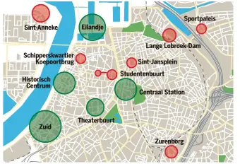  ?? FOTO RR ?? Overzichts­kaart van de vijf bovenlokal­e horecakern­en die mensen van buiten de stad aantrekken, en de zeven lokale kernen.