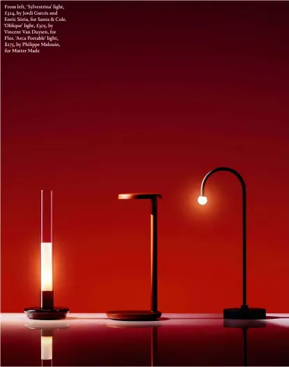  ??  ?? From left, ‘Sylvestrin­a’ light, £324, by Jordi Garcés and Enric Sòria, for Santa & Cole. ‘Oblique’ light, £305, by Vincent Van Duysen, for Flos. ‘Arca Portable’ light, $275, by Philippe Malouin, for Matter Made