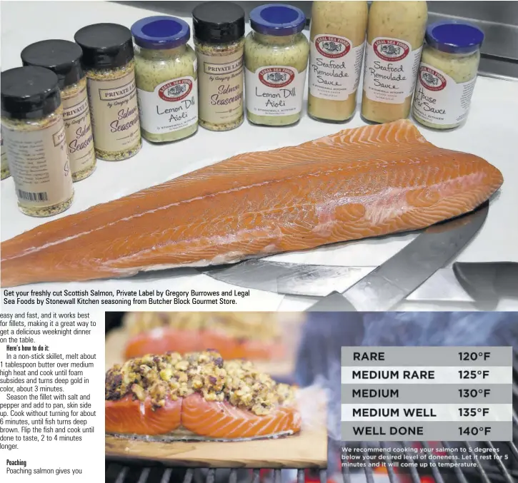  ??  ?? Get your freshly cut Scottish Salmon, Private Label by Gregory Burrowes and Legal Sea Foods by Stonewall Kitchen seasoning from Butcher Block Gourmet Store.