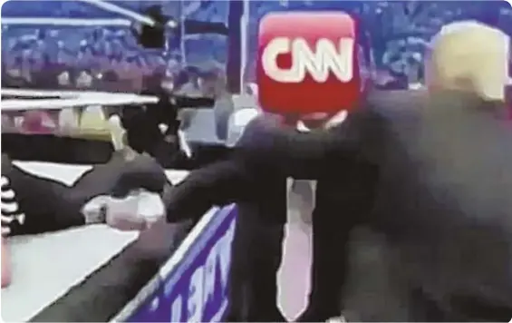  ??  ?? A REAL RINGER: President Trump tweeted out a spoof of him pummeling CNN in a doctored video that appeared to be taken from a 2007 pro wrestling event.