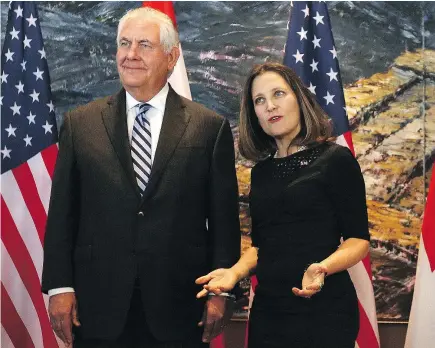  ?? — GETTY IMAGES FILES ?? Canadian Minister of Foreign Affairs Chrystia Freeland and U.S. Secretary of State Rex Tillerson will jointly host an internatio­nal gathering to discuss North Korea in Vancouver Tuesday.