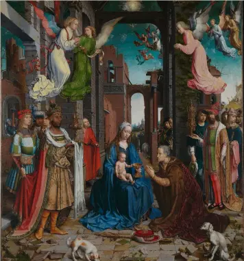  ??  ?? Below:
For The Adoration of the Kings, 1510–15, Jan Gossaert borrowed angels and a dog from his contempora­ry.