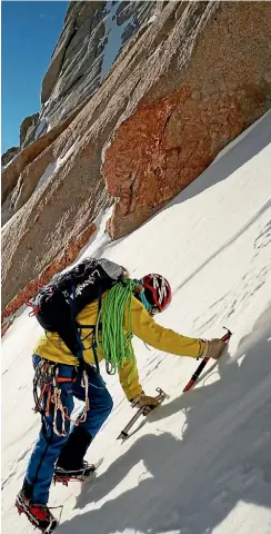  ?? PHOTOS: MARK SEDON ?? Jean climbs the ‘‘easy’’ snow couloir on the Spectre.