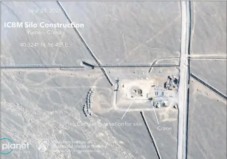  ?? THE NEW YORK TIMES ?? A satellite image provided by the James Martin Center for Nonprolife­ration Studies shows a constructi­on site for new internatio­nal ballistic missile silos on the edge of the Gobi Desert in northweste­rn China.
