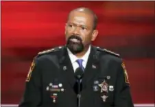  ?? J. SCOTT APPLEWHITE — THE ASSOCIATED PRESS FILE ?? In this file photo, David Clarke, Sheriff of Milwaukee County, Wis., speaks during the opening day of the Republican National Convention in Cleveland. A jury on Monday recommende­d criminal charges against seven Milwaukee County jail staffers in the...