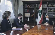  ?? AP ?? Lebanese President Michel Aoun, right, US envoy David Hale and US ambassador to Lebanon Dorothy Shea in Beirut