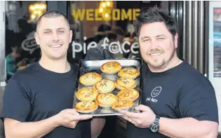  ?? PHOTO: THE NEW ZEALAND HERALD ?? Happier times . . . Former franchisee­s Jared Palmer (left) and Julian Field had plans for dozens of Pie Face stories across the country.