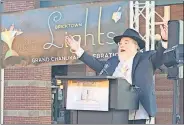  ??  ?? Rabbi Ovadia Goldman, spiritual leader of the Chabad Community Center for Jewish Life and Learning, welcomes the crowd to the “Bricktown Lights” Hanukkah celebratio­n on Sunday at the Chickasaw Bricktown Ballpark Third Base Plaza, 2 Mickey Mantle Drive. [CARLA HINTON/ THE OKLAHOMAN]