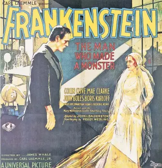  ??  ?? A poster for the 1931 classic film, starring Boris Karloff, is on display at the Morgan Library &amp; Museum. Even a comic book (left) based on the 200-year-old monster is part of the exhibit.