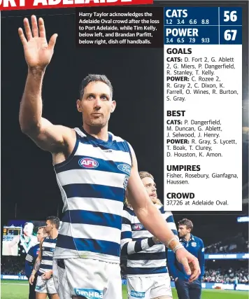  ??  ?? Harry TaylorTl acknowledg­es the Adelaide Oval crowd after the loss to Port Adelaide, while Tim Kelly, below left, and Brandan Parfitt, below right, dish off handballs.