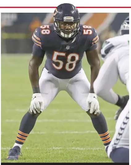  ?? GETTY IMAGES ?? Rookie inside linebacker Roquan Smith had seven tackles Monday night against the Seahawks at Soldier Field.