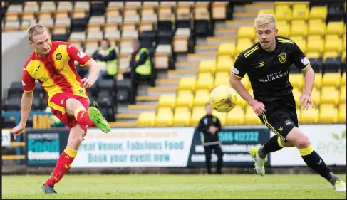  ??  ?? Strike one...Chris Erskine fired home Thistle’s first goal in the Betfred Cup clash with Livingston which the Firhill side eventually lost 3-1 on penalties