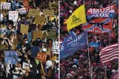  ?? THE ASSOCIATED PRESS ?? In this combinatio­n of photos, on June 7, 2020, protesters participat­ing in a Black Lives Matter rally, left, march to downtown Pittsburgh to protest the death of George Floyd and people listen as President Donald Trump speaks during a rally Jan. 6, Washington.