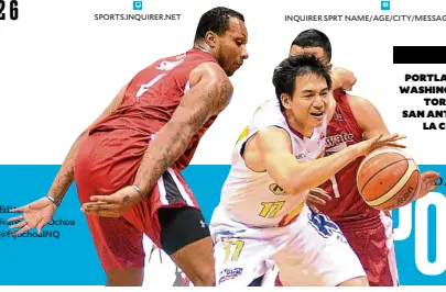  ?? —AUGUST DELA CRUZ ?? Rain or Shine’s Chris Tiu elude the defense of Blackwater import Stephen Smith (left) and Michael Digregorio in their match Sunday at Ynares Center in Antipolo