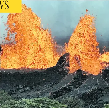  ?? US GEOLOGICAL SURVEY / AFP PHOTO ?? Lava spatters from Hawaii’s Kilauea volcano on Monday, where authoritie­s have warned of dangerous “laze” fumes — which contain hydrochlor­ic acid and tiny shards of glass — as molten lava from the erupting volcano reaches the ocean.