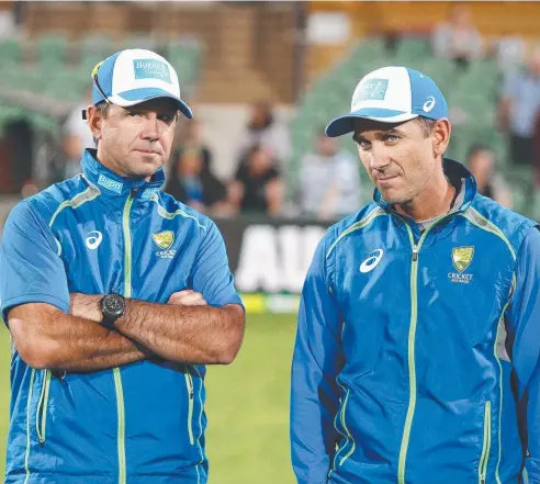  ??  ?? IN THE MIX: Assistant coach Ricky Ponting and head coach Justin Langer after the Internatio­nal Twenty20 match between Australia and Sri Lanka at Adelaide Oval last year. Picture: GETTY