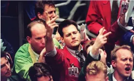  ?? ?? Panic hit the trading floor of the Liffe market in London during a big drop in the FTSE 100 on 1 April 1997. Photograph: Neil Munns/PA