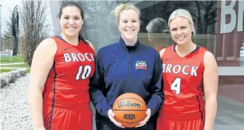  ?? PHOTO COURTESY BROCK SPORTS ?? Welland natives Courtney McPherson, left, and Brooke-Lyn Murdoch flank Brock University women’s basketball head coach Ashley MacSporran after opting to transfer from Niagara College for their final year of eligibilit­y at the postsecond­ary level.
