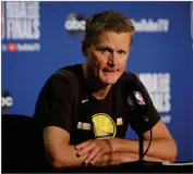  ?? AP PHOTO BY BEN MARGOT ?? In this June 5, 2019, file photo, Golden State Warriors head coach Steve Kerr speaks at a news conference after Game 3 of basketball’s NBA Finals against the Toronto Raptors in Oakland, Calif.