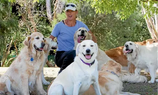  ?? PHOTO: ROSS GIBLIN ?? Kristina Martinelli of Goldies Te Horo with a pack of her golden friends.