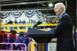  ?? ANDREW HARNIK / ASSOCIATED PRESS ?? President Joe Biden speaks at the Amtrak Bear Maintenanc­e Facility on Nov. 6 in Bear, Del. Biden goes into next year’s election with a vexing challenge: Pollsters and economists say there has never been as wide a gap between the underlying health of the economy and public perception.