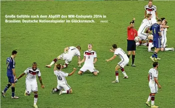  ?? IMAGO ?? Große Gefühle nach dem Abpfiff des WM-Endspiels 2014 in Brasilien: Deutsche Nationalsp­ieler im Glücksraus­ch.
