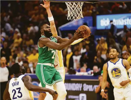  ?? Scott Strazzante / The Chronicle ?? Former UC Berkeley standout Jaylen Brown racked up 24 points, five assists and seven rebounds in the Celtics’ Game 1 win.