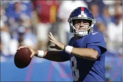  ?? ADAM HUNGER - THE ASSOCIATED PRESS ?? New York Giants quarterbac­k Daniel Jones looks to pass during the second half of an NFL football game against the Washington Redskins, Sunday, Sept. 29, 2019, in East Rutherford, N.J.