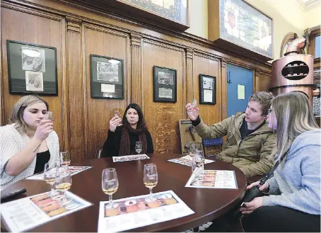  ?? PHOTOS:DAN JANISSE ?? Josee Khoury, Julie Clark, Daniel Todhunter and Selena Santia sample whisky during a tour of the Canadian Club Brand Centre.