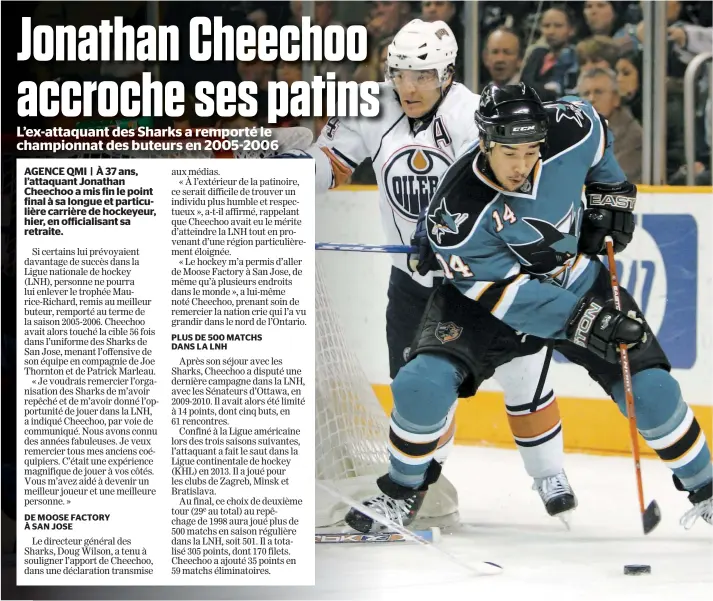  ?? PHOTO D’ARCHIVES ?? Jonathan Cheechoo a formé un trio redoutable avec Joe Thornton et Patrick Marleau au milieu des années 2000.