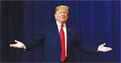  ?? AP PHOTO ?? President Donald Trump gestures to the audience as he arrives to speak at an event called Face-to-face with our Future, Wednesday in the South Court Auditorium on the White House complex in Washington.