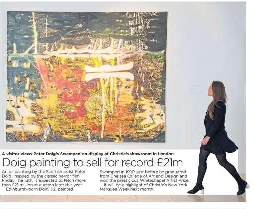  ?? ?? A visitor views Peter Doig’s Swamped on display at Christie’s showroom in London