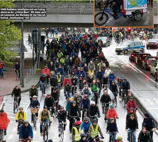  ??  ?? 1000 Radfahrer beteiligte­n sich am Freitagabe­nd an der „Critical Mass“. Mit dabei auch ein Lastenrad, das Werbung für das Fahrradfes­tival „VeloHambur­g“fuhr