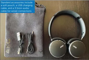  ??  ?? Standard accessorie­s include a soft pouch, a USB charging cable, and a 3.5mm audio cable for wired connection­s