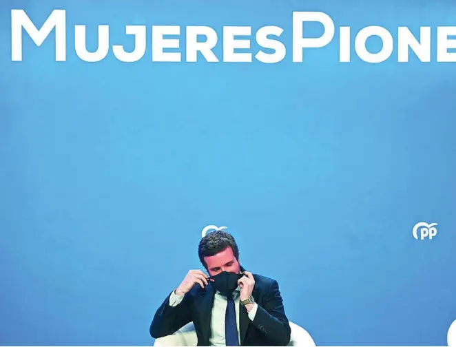  ?? EFE ?? El presidente del PP, Pablo Casado, durante un acto organizado por los populares ayer con motivo del 8-M