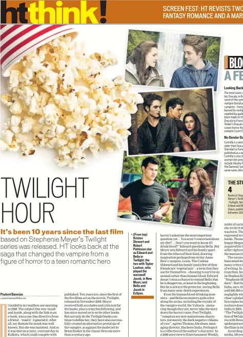  ??  ?? (From top) Kristen Stewart and Robert Pattinson star as Edward and Bella in Twilight; the two with Taylor Lautner, who played the werewolf Jacob, in New Moon; and Bella and Jacob in Eclipse.