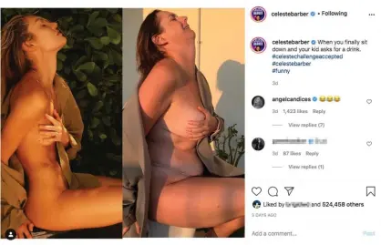  ?? Photograph: Instagram ?? Celeste Barber’s parody of Candice Swanepoel’s photograph that Instagram stopped users from sharing.