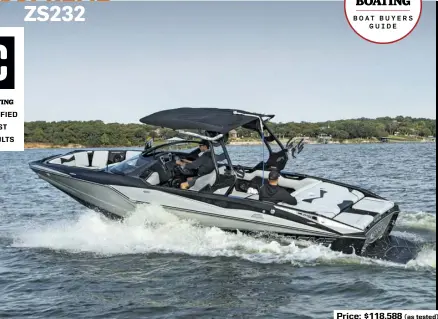  ??  ?? Price: $118,588 (as tested)
SPECS: LOA: 23'2" BEAM: 8'6" DRAFT: 3'0" DRY WEIGHT: 5,450 lb. BALLAST: 4,600 lb. SEAT/WEIGHT CAPACITY: 14/1,897 lb. FUEL CAPACITY: 81 gal.
HOW WE TESTED: ENGINE: GM Marine L96 409 hp DRIVE/PROP: V-drive/Acme 2829 16" x 15" GEAR RATIO: 1.72:1 FUEL LOAD: 35 gal. CREW WEIGHT: 555 lb.